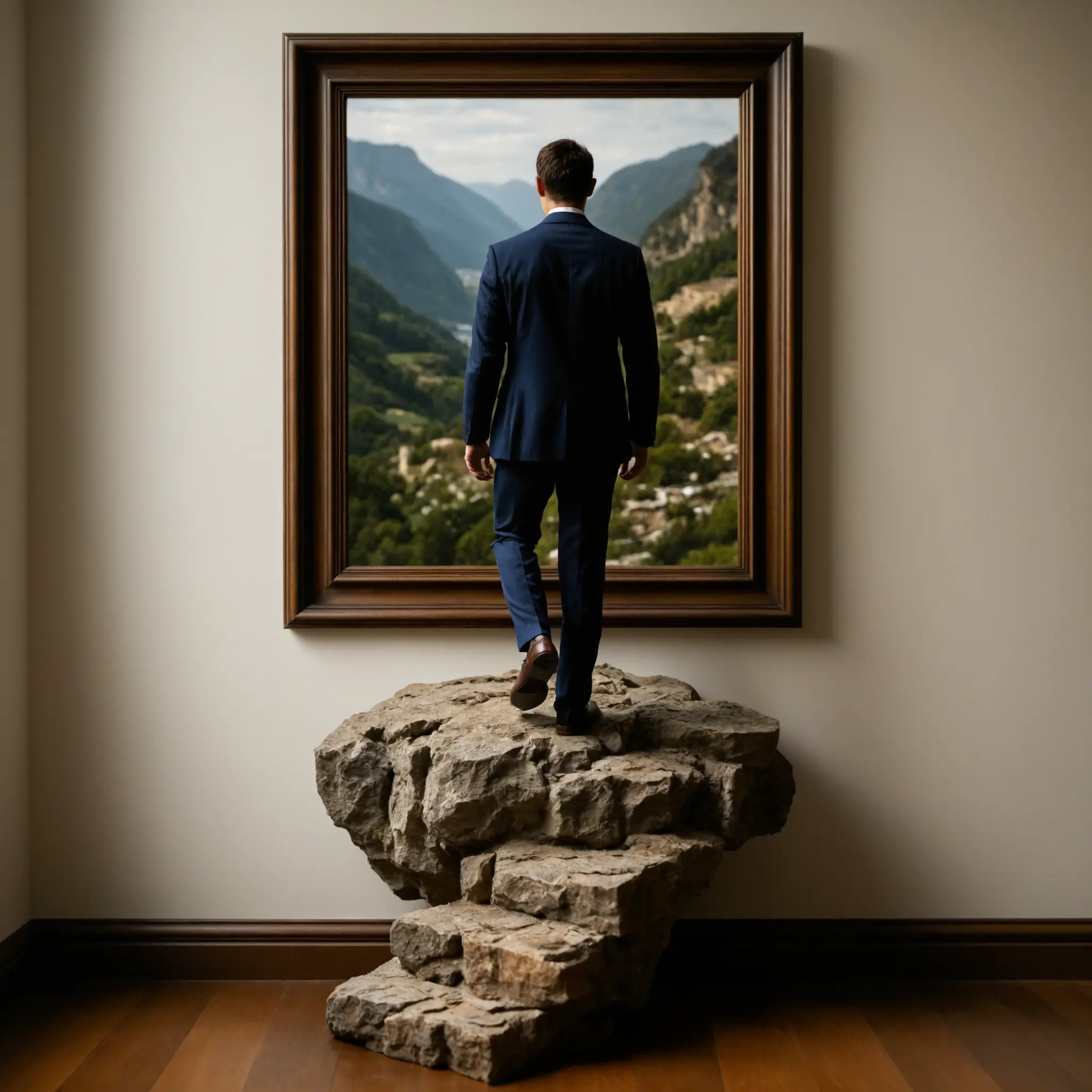Man standing in a wooden picture frame and looking out over mountains