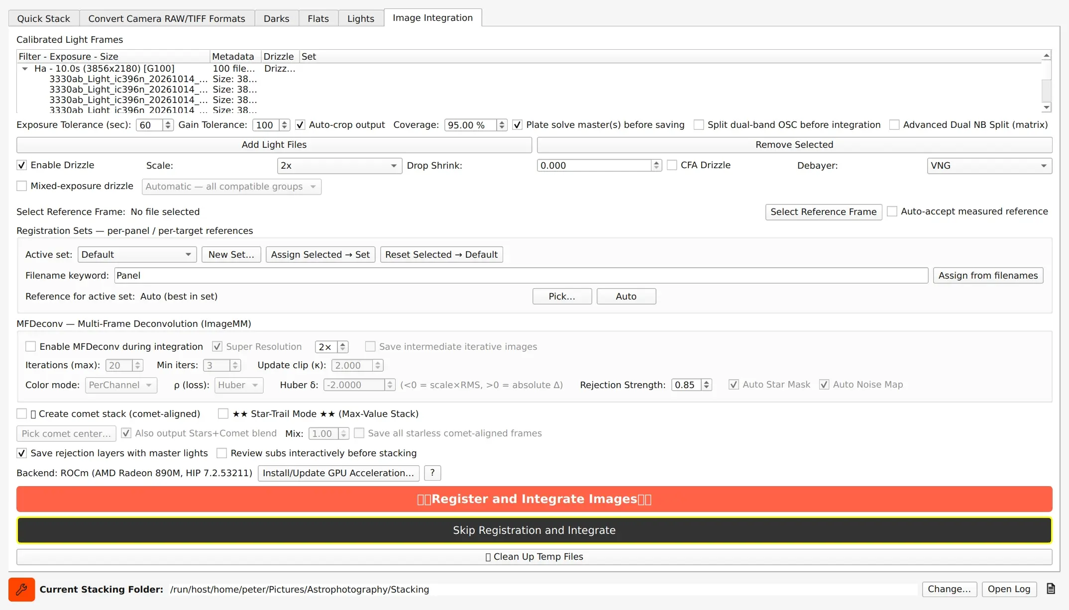 Integration settings used for the standard drizzle comparison.
