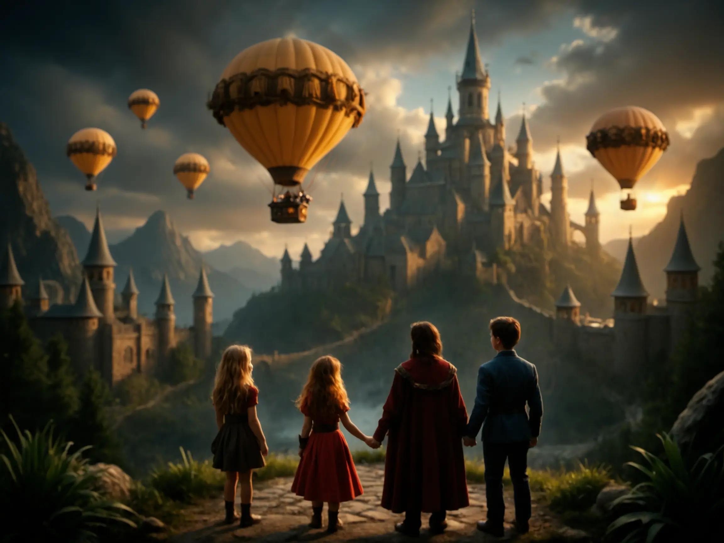 Four people holding hands in a bright dream landscape with floating airships and castles