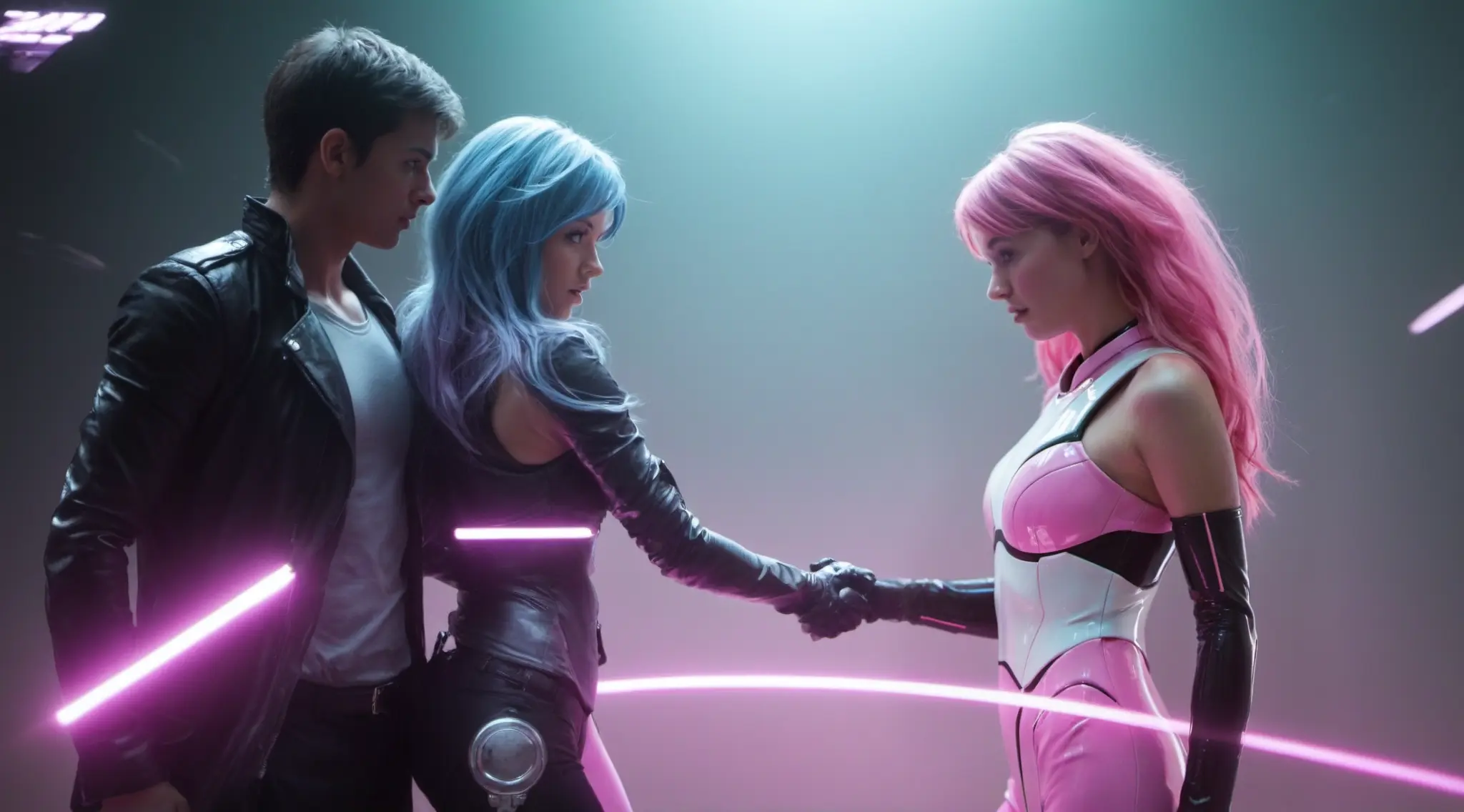 Three futuristic people meeting and shaking hands in a neon-lit room